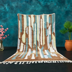 Artistic Handmade Beni Ourain Rug, Orange Rug, Custom Size Wool Rug, Striped Shag Rug, Artisan Area Rug