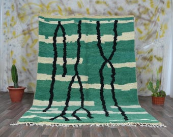 Hand Tufted Green Beni Ourain Rug, Moroccan Berber Wool Carpet