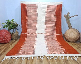 Orange Wool Kilim Rug, Artistic Handmade Moroccan Carpets, Custom size Rugs