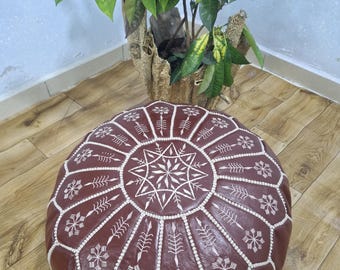 Round Brown Leather Moroccan Pouf, Authentic Handmade Poufs, Floor Pillows