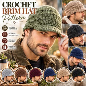 Puede incluir: Un patrón de gorro con visera de ganchillo con el texto CROCHET BRIM HAT Pattern, INSTANT DOWNLOAD, DETAILED INSTRUCTIONS, BEGINNER FRIENDLY y PERFECT GIFT IDEA. La imagen muestra el gorro en verde oliva, beige, negro y azul marino.