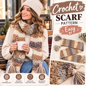 May include: A crochet scarf pattern featuring a multi-colored striped design in shades of brown, cream, and grey with tassels at the ends. The text reads Crochet SCARF PATTERN Easy, US TERMINOLOGY, INSTANT DOWNLOAD, DETAILED INSTRUCTIONS, BEGINNER FRIENDLY.