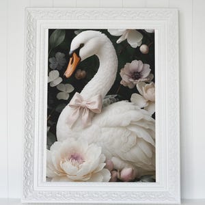 Elegant Swan With A Bow Digital Art Print, Floral Swan Art, Digital Download, Instant Download