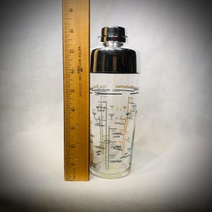 Puede incluir: Una coctelera vintage con tapa de acero inoxidable y cuerpo de vidrio transparente. El vidrio est&aacute; impreso con recetas de c&oacute;cteles y medidas. Una regla de madera est&aacute; al lado de la coctelera.