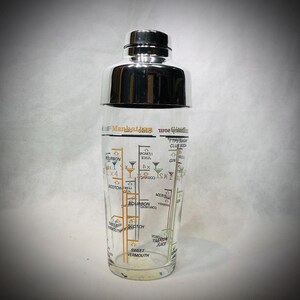 Puede incluir: Una coctelera de vidrio transparente con tapa de acero inoxidable. La coctelera tiene un diagrama de recetas de c&oacute;cteles, incluyendo bourbon, scotch y vermut. El texto "Manhattan" es visible.