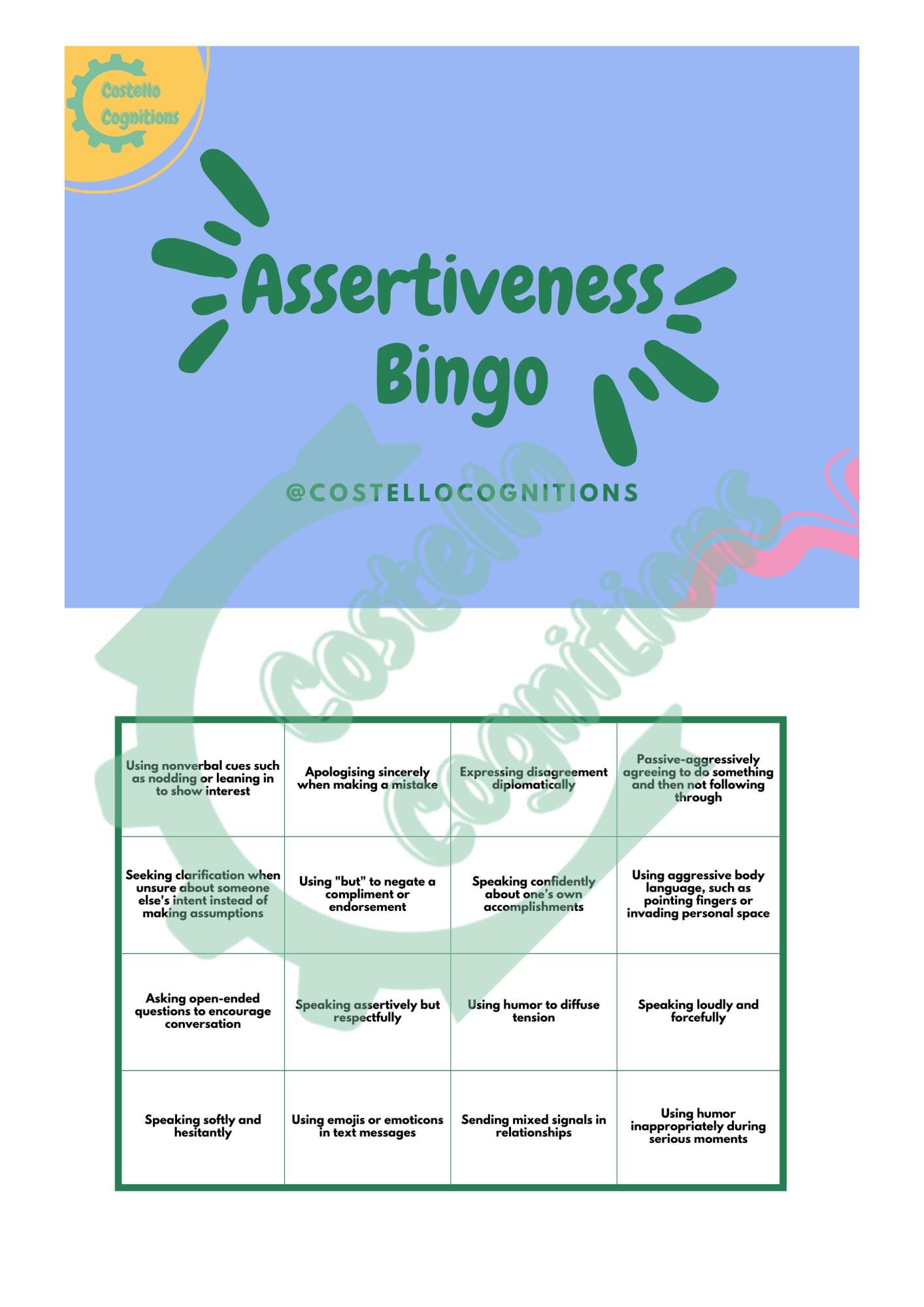 Assertiveness Game Assertiveness Bingo: Social Skills Game for Kids & Teens (digital ...