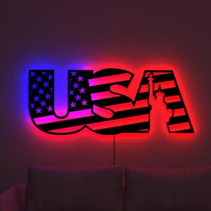 American Flag LED Wall Decor – Rustic Lighted Patriotic Wall Art – Custom Wooden Flag Sign for Veterans, Home, Garage or Office