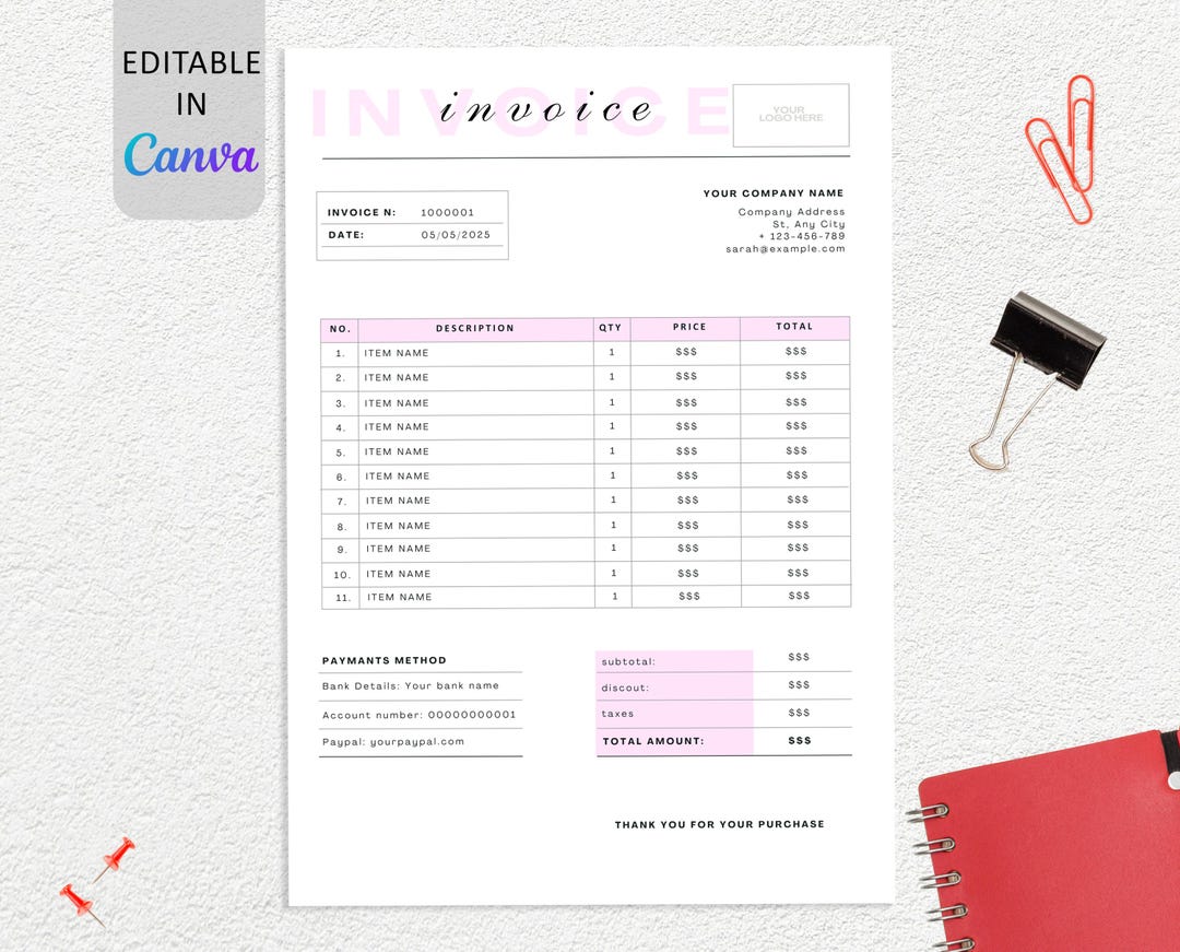 Invoice Template Editable, Small Business Custom Order Form Printable ...