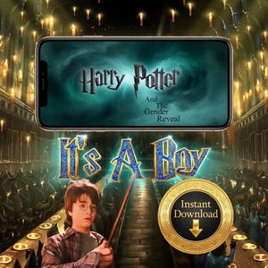Puede incluir: Un gráfico digital que muestra un teléfono inteligente con el texto Harry Potter And The Gender Reveal sobre un fondo verde azulado. Debajo, el texto It's A Boy aparece en azul, junto a un personaje con una varita y una insignia dorada de Instant Download.
