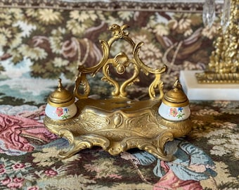 Vintage Italian Gilt Brass Double Inkwell with Hand-Painted Porcelain Inserts – Ornate Desk Stand