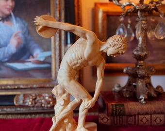 Vintage Classical Discus Thrower Sculpture by A. Santini – Italian Plaster Art Statue