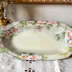Antique Limoges France Hand-Painted Oblong Tray – Pink Roses Floral Porcelain Dish | 12x6