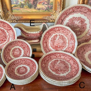 Vintage Mason’s Vista Pink Ironstone Plate Set – 16-Piece English Red Transferware
