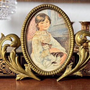 Vintage Girl with Cat Print in Ornate Brass Frame - Mid-Century Portrait