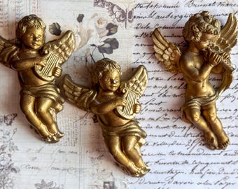 Vintage Cherub Wall Plaque Angel Music Relief Hanging Decor  Vintage Cherub Wall Plaque Musical Angels Relief Gold Silver Tone 14.5x7.5 main image 1