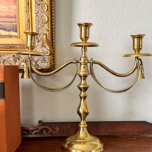 Vintage Brass Candelabra | Antique Candle Holder Centerpiece, Solid Brass 3 Candle Candelabra w/Braided Brass Rope & Tassel Trim