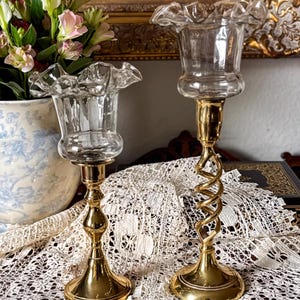 Vintage Brass Candlestick Holder Set: Ruffled Glass Hurricane, Ornate Spiral Design