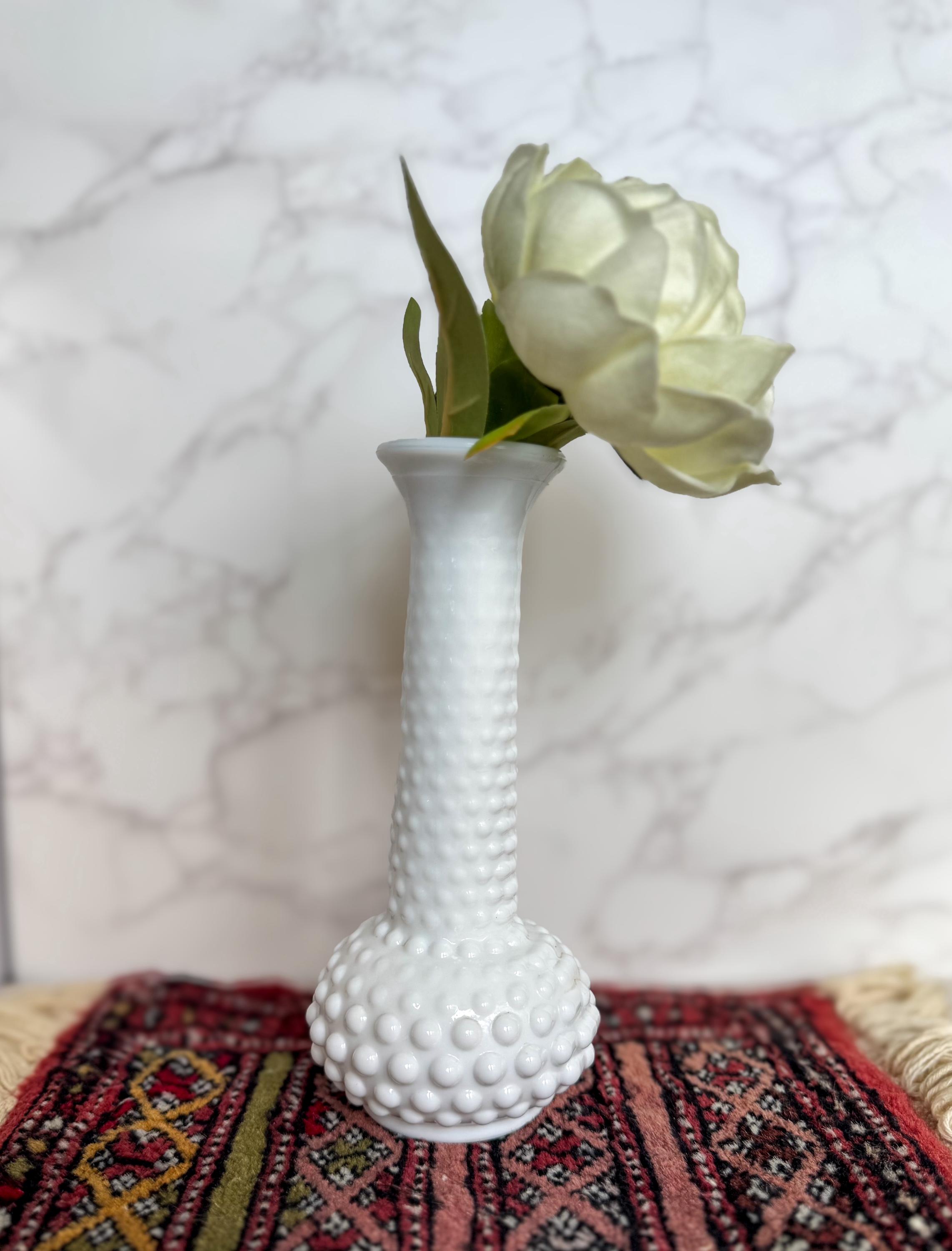 Vintage White Hobnail Milk Glass Bud Vase 8" Tall
