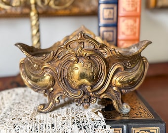 Art Nouveau Brass Planter: Oval Floral Jardiniere with Feet