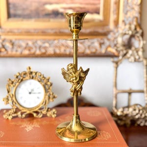 Vintage Brass Cherub Candle Holders | Gold Taper Candlesticks Decorated with Winged Angels | Putti Candleholder Shabby Chic