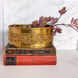 Vintage Embossed Brass Planter: Ornate Floral Cachepot, Shelf Styling
