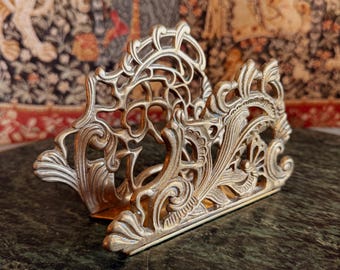 Vintage Art Nouveau Brass Napkin Letter Holder Ornate Floral Table Desk Organizer