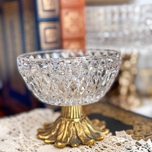 Vintage Crystal and Brass Pedestal Bowl | Hollywood Regency Cut Crystal Gilt Pedestal Bowl Compote