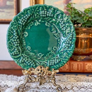 Vintage Italian Majolica Roseville Plate |  Green Grapevine Relief Ceramic Wall or Cabinet Decor