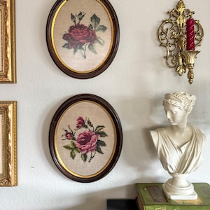 Vintage Framed Rose Needlepoint Set – 9x11 Oval Floral Wall Art | Cottagecore & Shabby Chic Decor