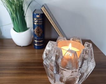 Vintage Glass Candle Holder Lindshammar Sweden Christer Sjögren Ice Glass Tealight Holder Scandinavian Mid Century Decor /Brutalist / Rare
