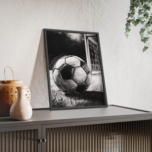 Framed soccer poster - ball in front of goal, framed wall art, black and white illustration, wall art for kids & adults