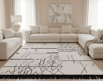 Hand-Knotted New Zealand Wool Area Rug: Modern Geometric Boho in Cream and Black