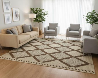 Hand Tufted New Zealand Wool Area Rug| Cream Brown Geometric Diamond pattern
