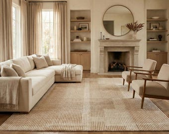 Neutral Beige Handloomed Area Rug Modern Ribbed Geometric Blocks Area Carpet Handwoven
