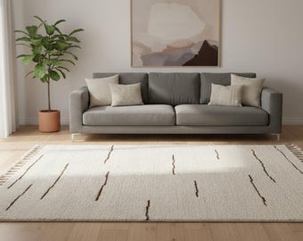 Hand loomed New Zealand Wool Area Rug: Ivory, Brown Vertical Stripes, Boho Decor