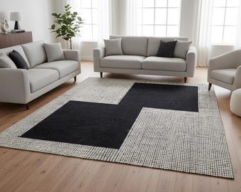 Hand-Loomed New Zealand Wool Area Rug | Minimalist Black + Cream Geometric | Modern Scandinavian Style