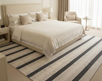 Handloom Flatwoven Area Rug - Modern Black & White Stripe Design (8X10 Ft)