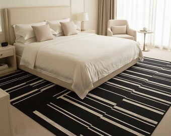 Handloom Flatwoven Area Rug - Modern Black & White Stripe Design (8X10 Ft)