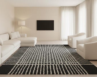 Hand-Knotted New Zealand Wool Area Rug - Cream with Black Lines, 9x12 ft