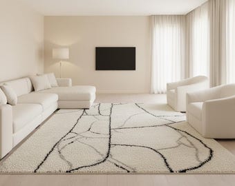 Hand-Knotted New Zealand Wool Area Rug - Cream with Black Lines, 9x12 ft