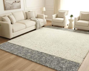 Hand Knotted Cream Shag Wool Rug - Black Houndstooth Borders - Boho Modern 8x10 ft