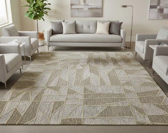 Hand Tufted New Zealand Wool Area Rug | Modern Geometric Beige Living Room Carpet