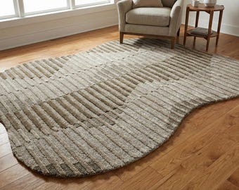 Hand Tufted Area Rug Irregular Shape Gray and Taupe Geometric Pattern