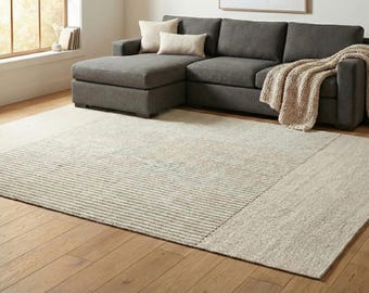 Hand-Loomed Neutral Beige Area Rug Textured Ribbed Modern Minimalist Living Room Carpet