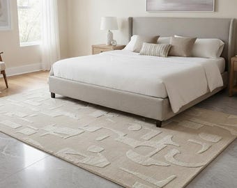 Hand loomed New Zealand Wool Area Rug: Abstract Geometric Beige Boho Decor