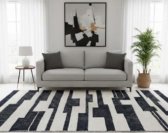 Hand-Knotted Wool Area Rug: Black and White Geometric Fringed Rug