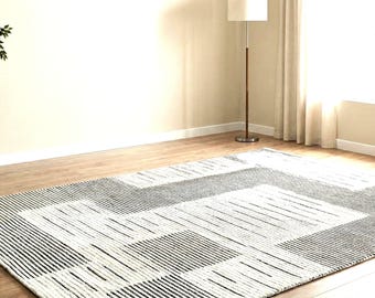 Contemporary Hand-Loomed Area Rug Vertical Stripes Black Cream Textured New Zealnd Wool