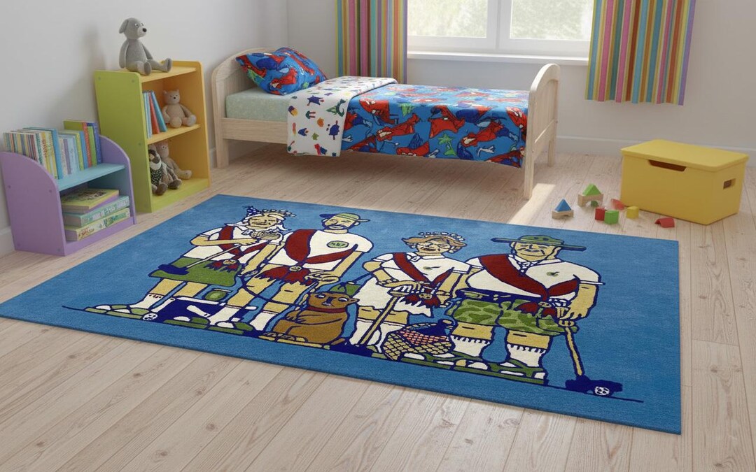 Area Rug Hand-tufted Whimsical Design: Colorful Characters, Rich Blue ...