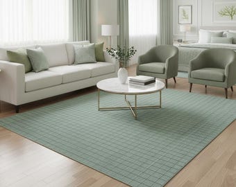Handloom Flatwoven Area Rug - Neutral Green Grid Pattern, Boho Minimalist Newzealand Wool Rug