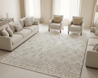 Hand-Knotted Geometric New Zealand Wool Area Rug: Neutral Beige & Taupe, 9x12 ft